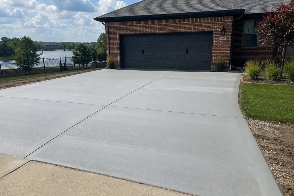 Freshly poured concrete driveway leading to a modern suburban brick home in Fort Smith, Arkansas, with landscaped lawn, mature trees, and a residential lake setting.
